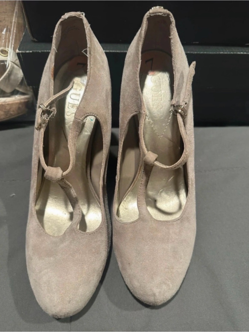 GUESS Taupe Suede T-Strap Pumps